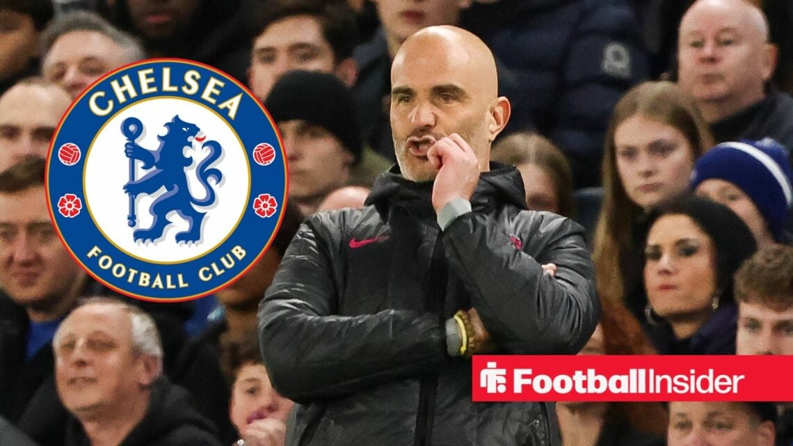 Enzo Maresca reacts on the touchline while watching Chelsea with Chelsea club badge inset