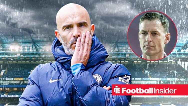 Chelsea manager Enzo Maresca against a gloomy Stamford Bridge alongside a circular inset of Chris Sutton