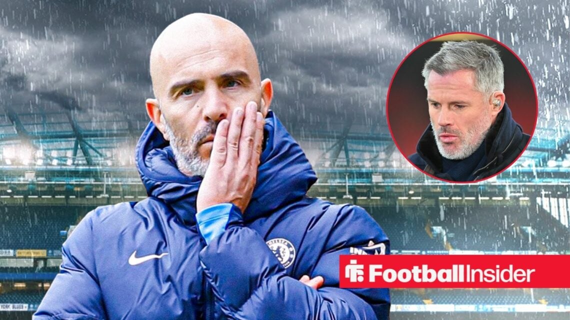 Chelsea manager Enzo Maresca against a gloomy backdrop of Stamford Bridge alongside a circular inset of Jamie Carragher