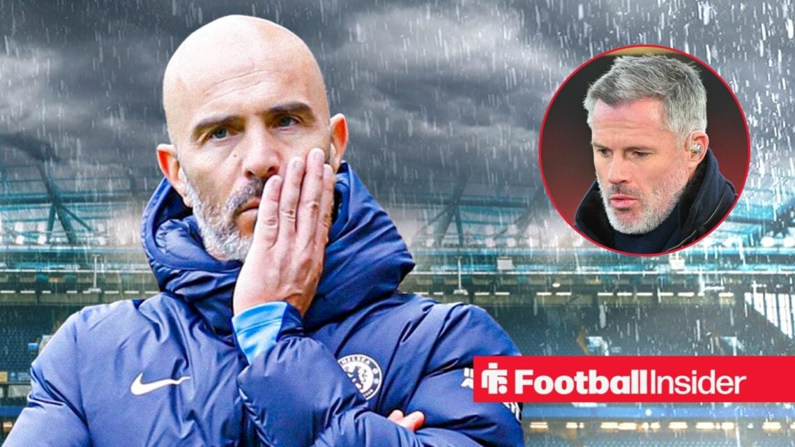 Chelsea manager Enzo Maresca concerned against a backdrop of a gloomy Stamford Bridge, alongside a circular inset of Jamie Carragher.