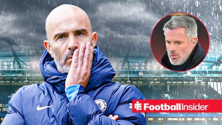 Chelsea manager Enzo Maresca concerned against a backdrop of a gloomy Stamford Bridge, alongside a circular inset of Jamie Carragher.