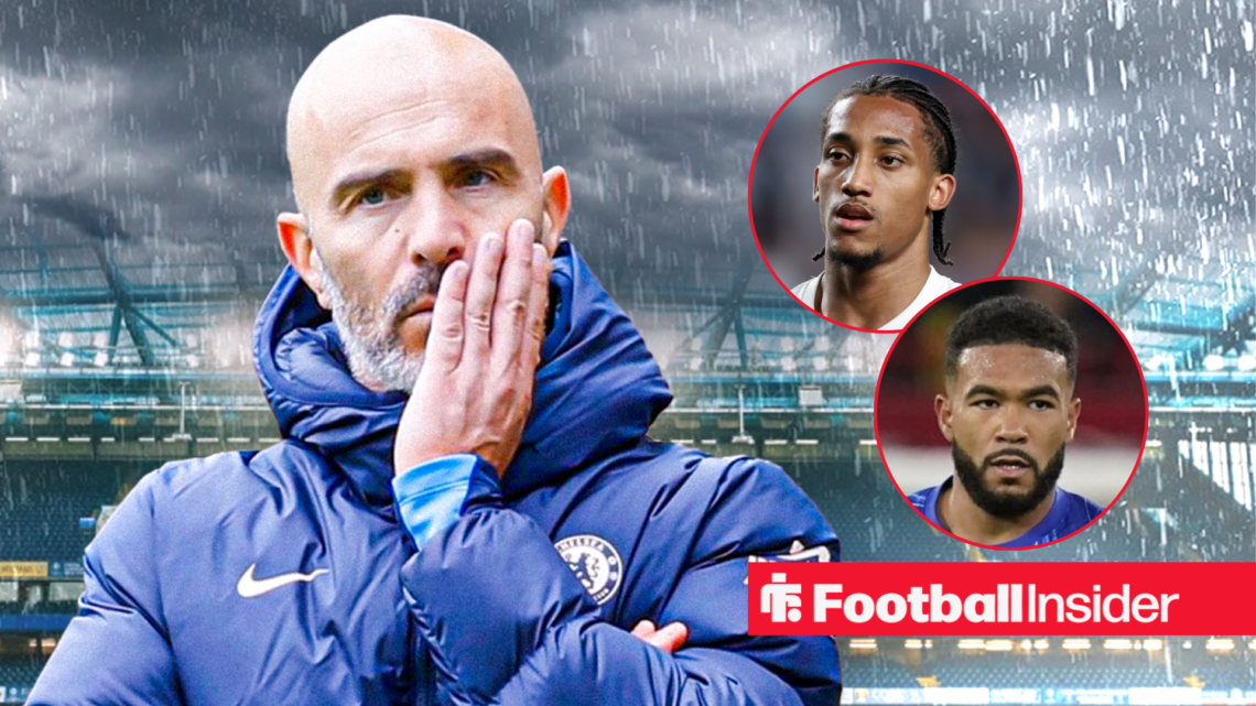 Chelsea boss Enzo Maresca looking upset with players Joao Pedro and Reece James both in action right insets