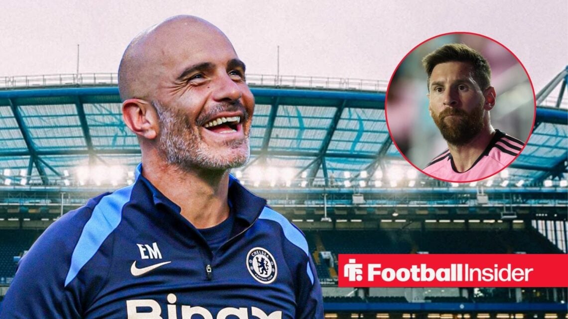 Chelsea manager Enzo Maresca against a back drop of Stamford Bridge alongside a circular inset of Lionel Messi.