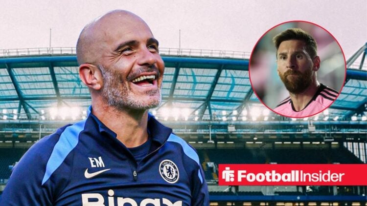Chelsea manager Enzo Maresca against a back drop of Stamford Bridge alongside a circular inset of Lionel Messi.