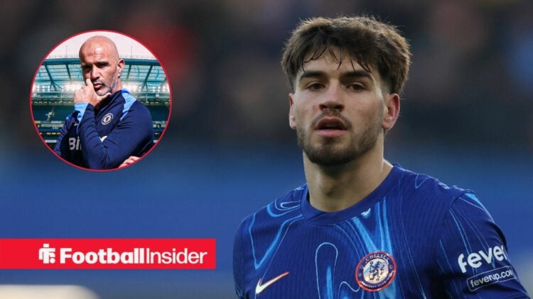 Chelsea boss Enzo Maresca in a circular frame alongside an image of Marc Guiu in a home shirt