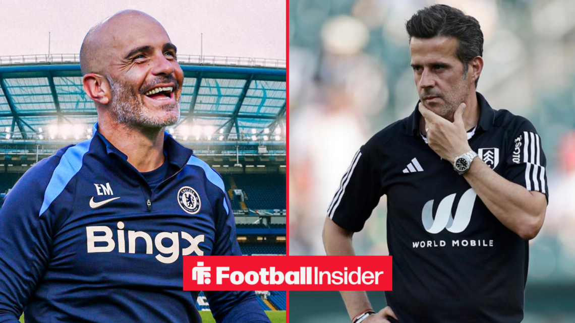 Chelsea boss Enzo Maresca smiling at Stamford Bridge next to an image of Fulham boss Marco Silva