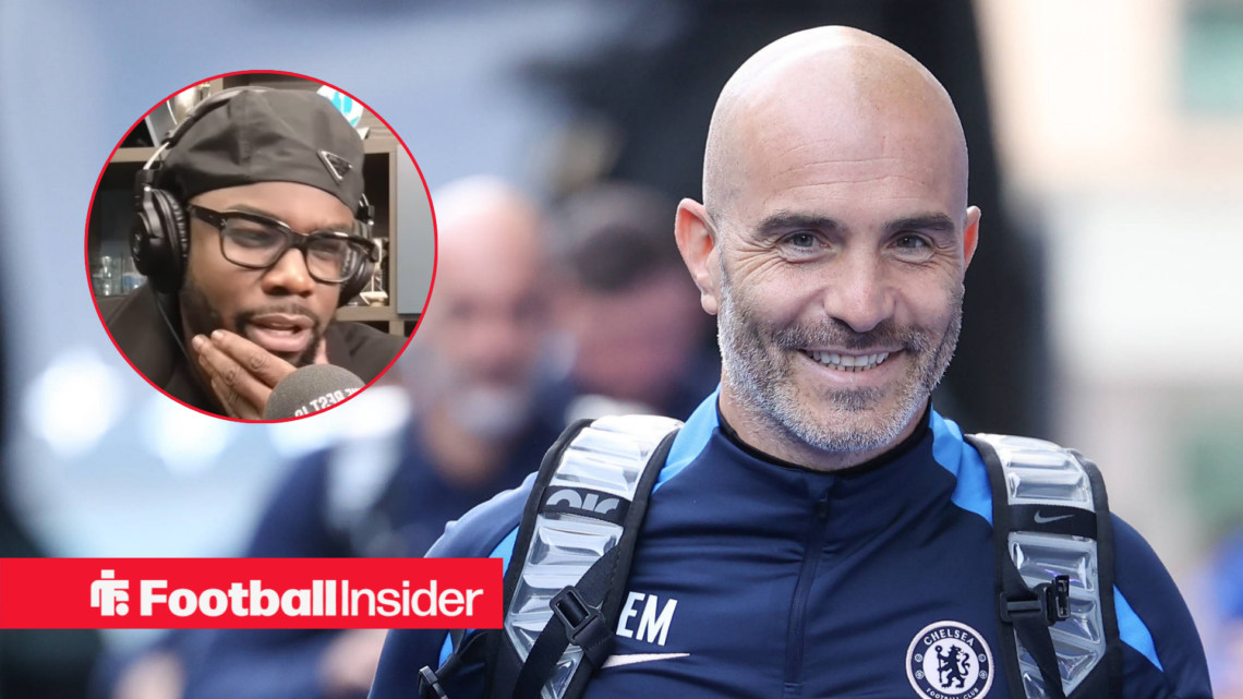 Enzo Maresca smiling in a Chelsea coat, Micah Richards in a circular inset