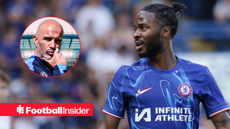 Chelsea manager Enzo Maresca looks confused with hand to face left inset while Raheem Sterling looks at him while in action
