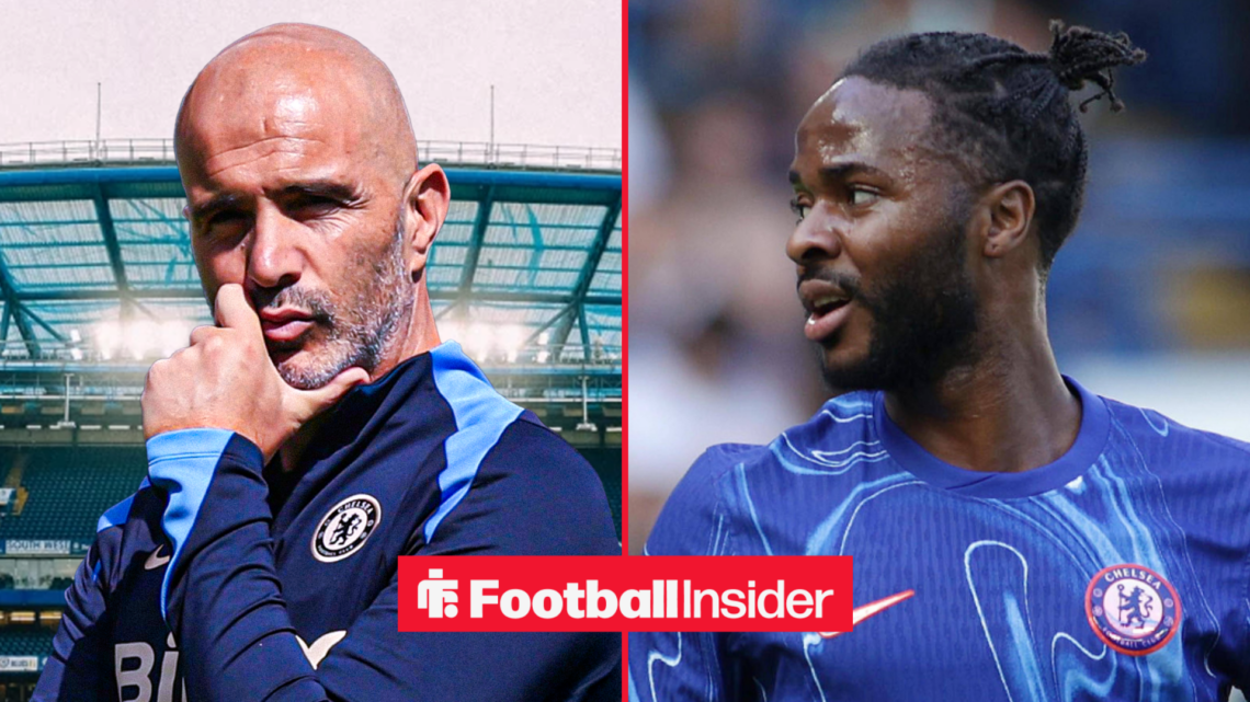 Enzo Maresca with his hand on his chin alongside Raheem Sterling in a Chelsea shirt