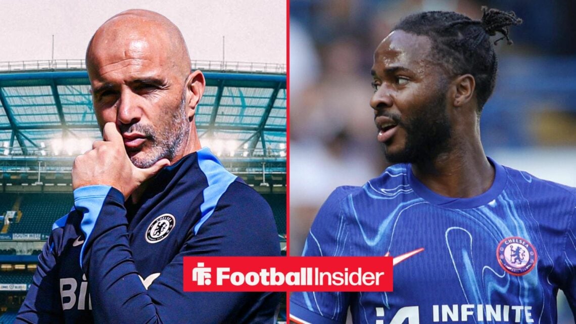 Enzo Maresca with his hand on his chin alongside Raheem Sterling in a Chelsea shirt