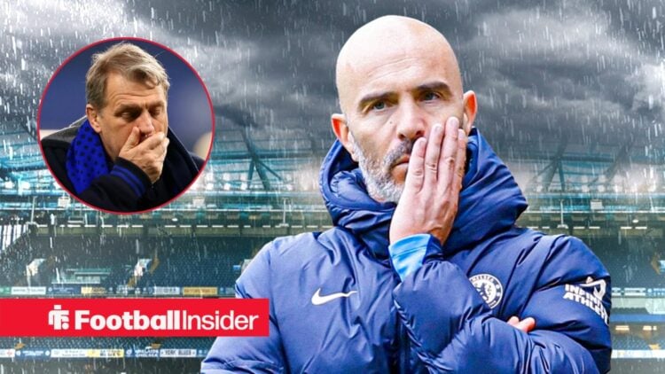 Enzo Maresca in the rain at Stamford Bridge, with Todd Boehly in a circular inset