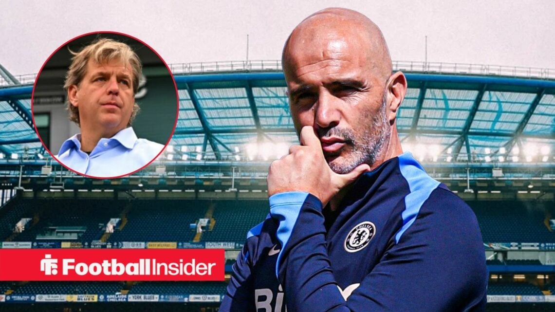 Enzo Maresca at Stamford Bridge, with Todd Boehly in a circular inset