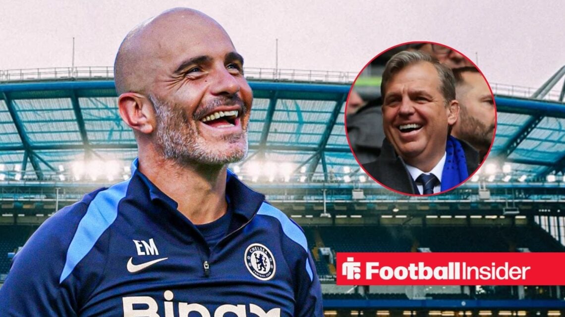 Chelsea boss Enzo Maresca laughing with owner Todd Boehly right inset