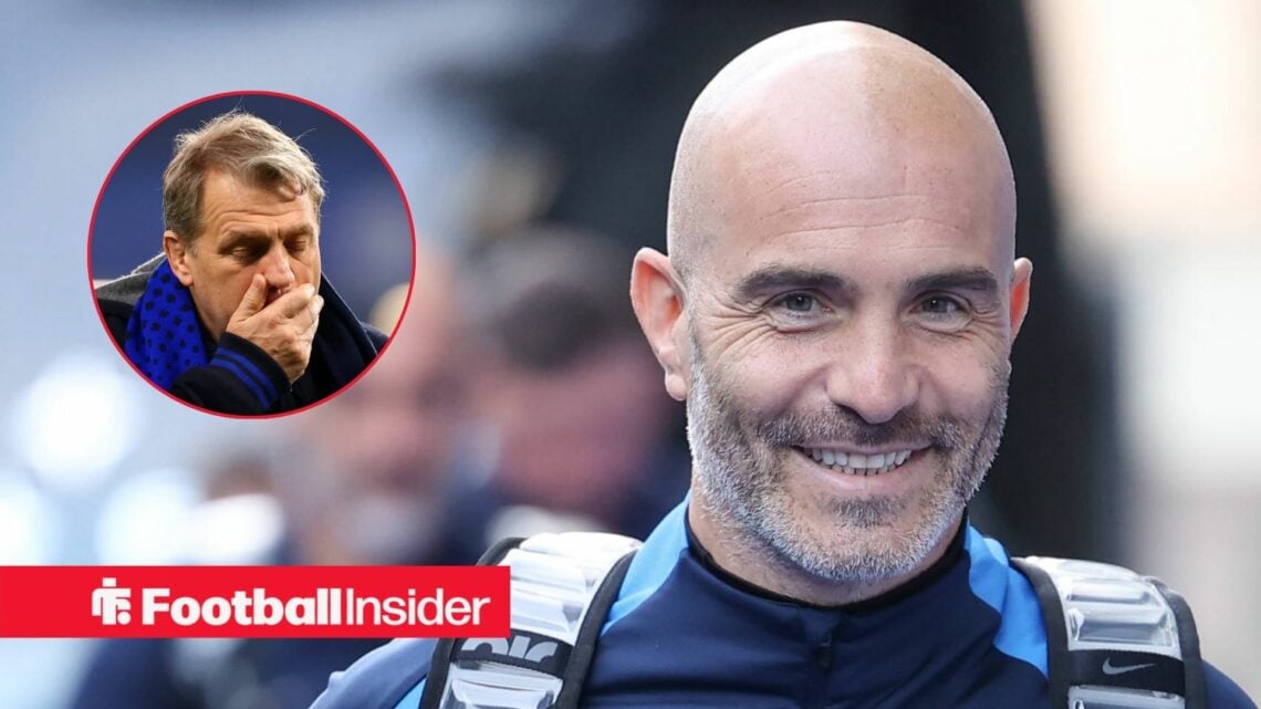 Chelsea manager Enzo Maresca smiling with owner Todd Boehly left inset looking upset