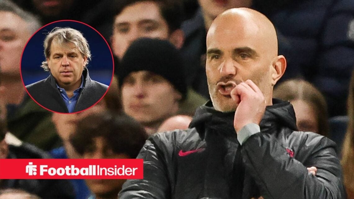 Enzo Maresca on the sidelines at Stamford Bridge, with Todd Boehly in a circular inset