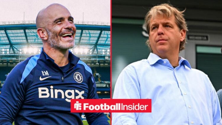 Enzo Maresca smiling at Stamford Bridge, with Todd Boehly on the sidelines