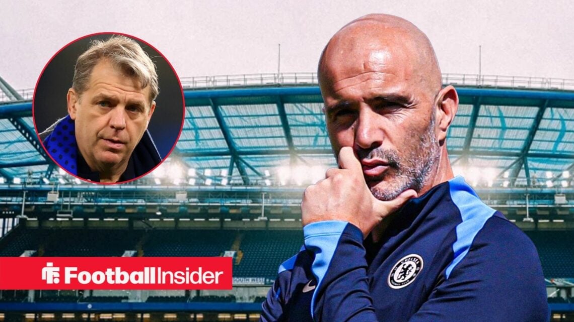 Chelsea manager Enzo Maresca against a back drop of Stamford Bridge.