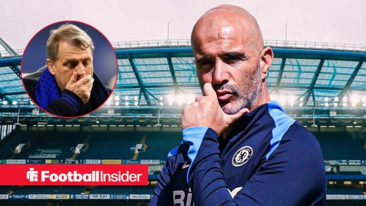 Enzo Maresca at Stamford Bridge, with Todd Boehly in a circular inset