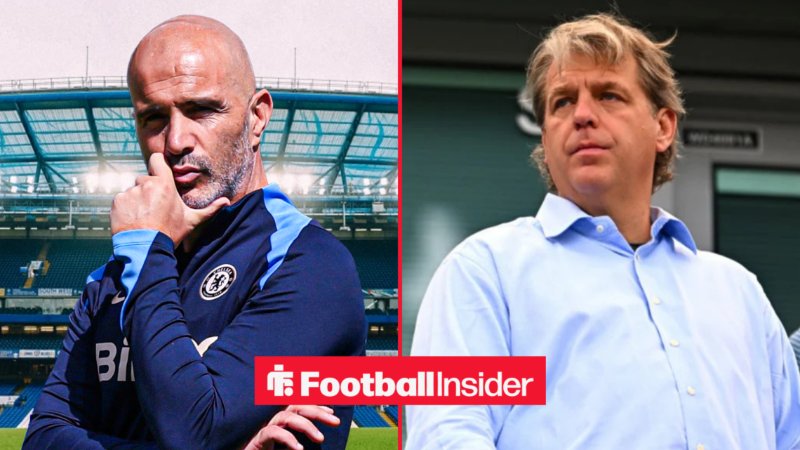 Enzo Maresca with his hand on his chin alongside Todd Boehly in a blue shirt