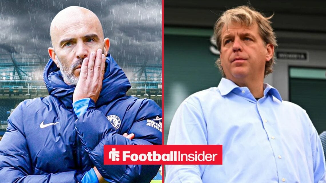 Enzo Maresca looking sad alongside Todd Boehly in a blue shirt