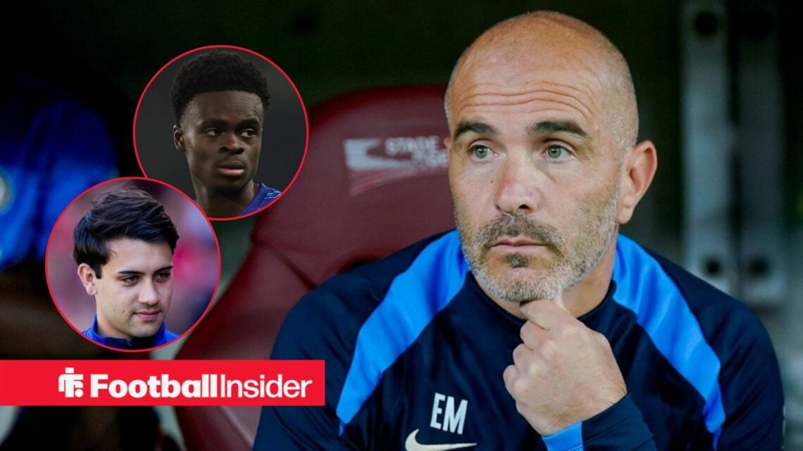Chelsea manager Enzo Maresca on bench looking at Tyrique George in action and Facundo Buonanotte in training both left insets