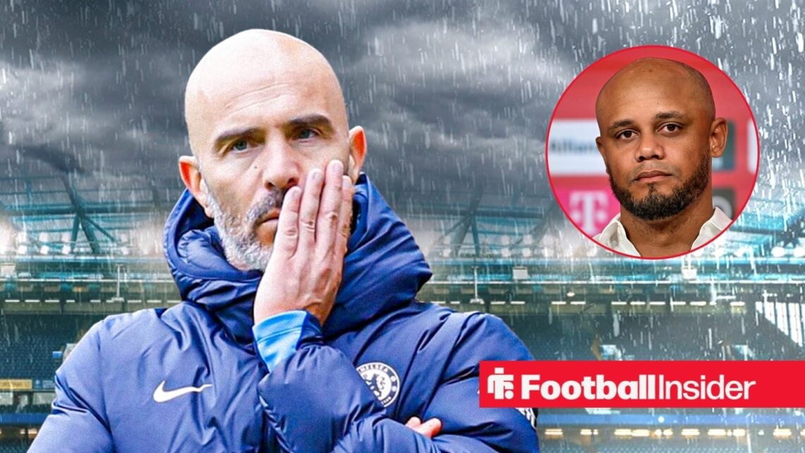 Chelsea manager Enzo Maresca against a backdrop of a gloomy Stamford Bridge alongside a circular inset of Bayern Munich manager Vincent Kompany.