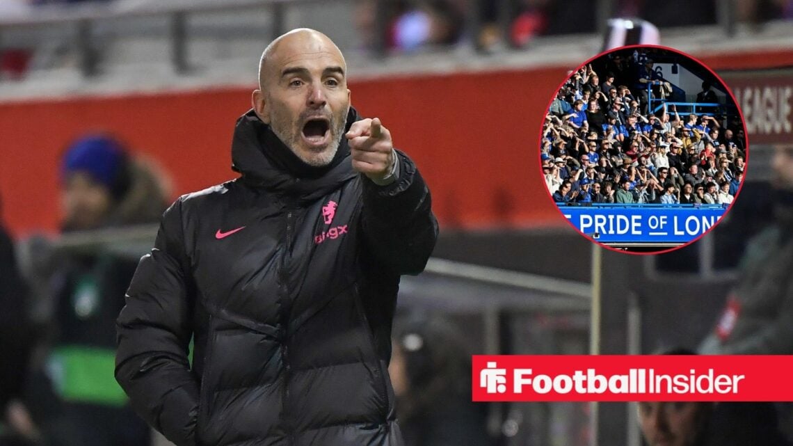 Enzo Maresca pointing in a black coat and Chelsea fans in inset