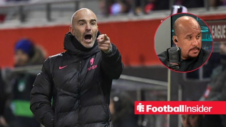 Enzo Maresca pointing in a black coat and Gabby Agbonlahor in inset