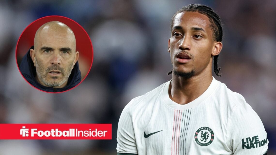 Enzo Maresca on the left staring with Joao Pedro on the right looking focused