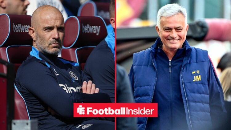 Enzo Maresca looking sternly next to Jose Mourinho smiling