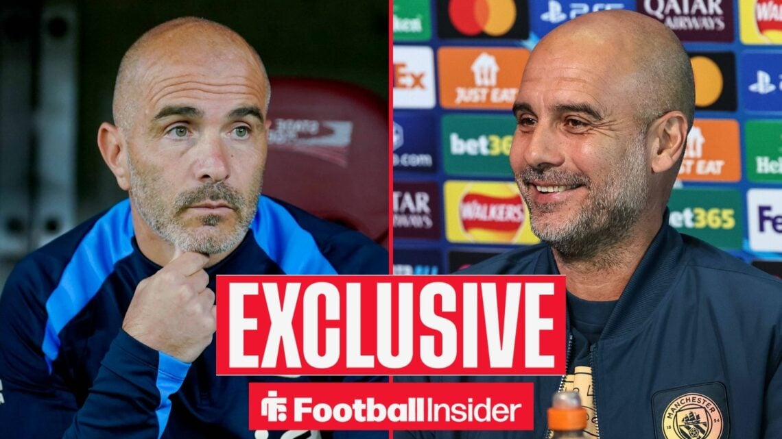 Enzo Maresca looking focused on the left with Pep Guardiola smiling on the right and an EXCLUSIVE banner in the middle
