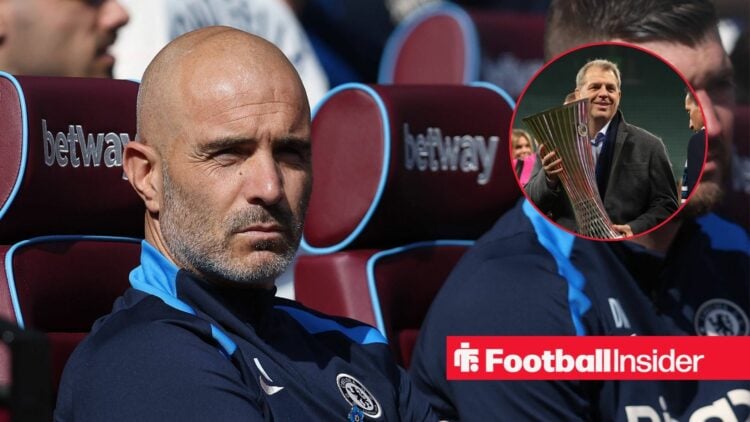 Enzo Maresca looking in a black Chelsea tracksuit and Todd Boehly in inset