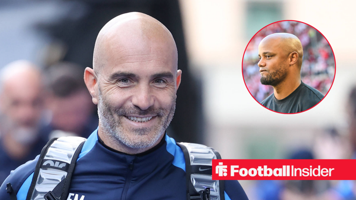 Enzo Maresca in a blue tracksuit smiling and Vincent Kompany inset