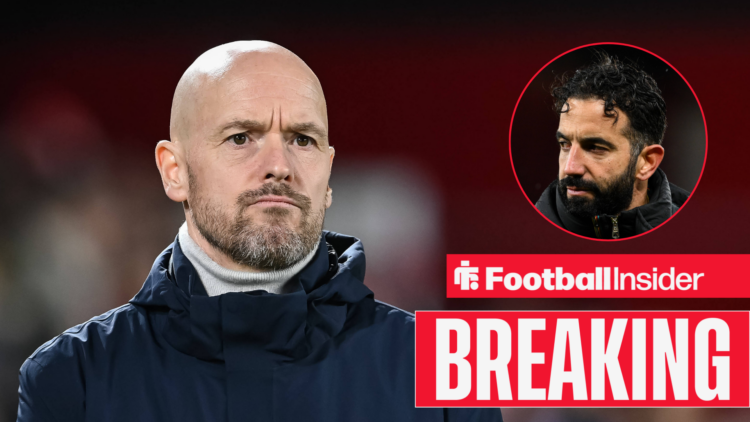 Erik ten Hag looking grumpy on the left looking at Ruben Amorim on the right looking sheepish above a breaking banner