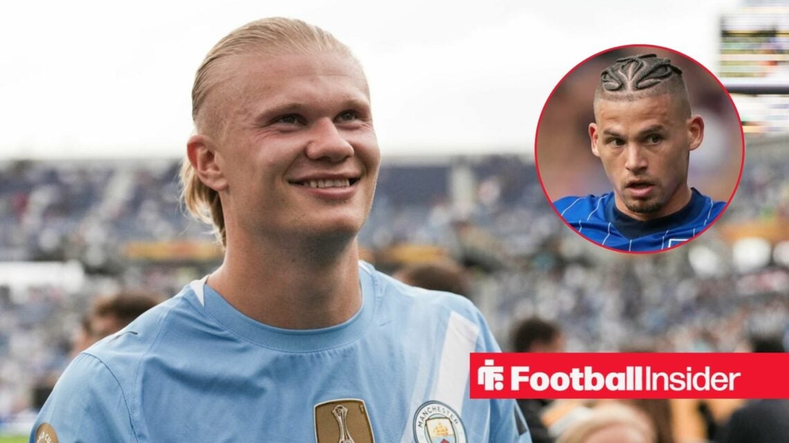 Erling Haaland in a Man City home shirt alongside a headshot of Kalvin Phillips