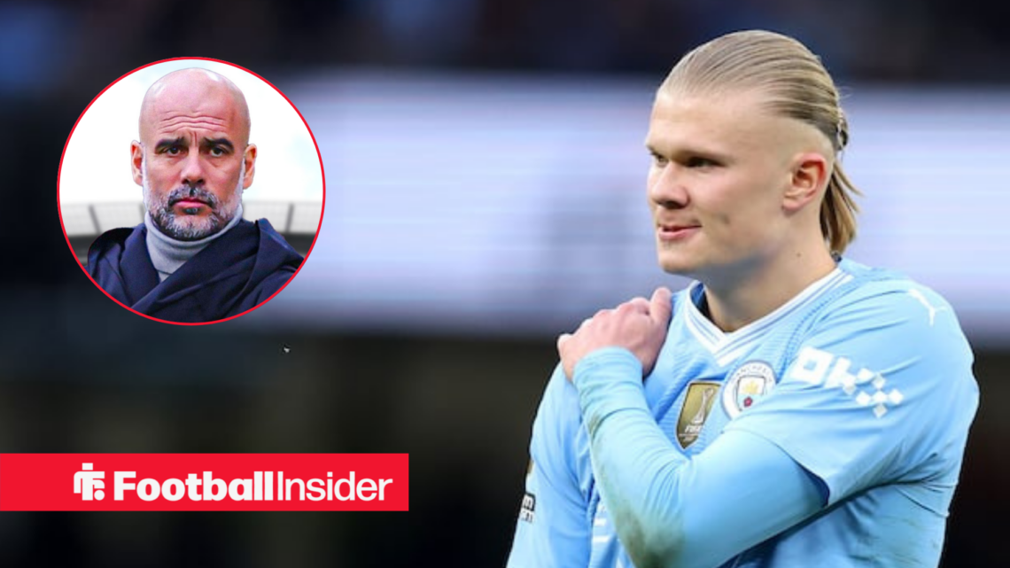 Erling Haaland in home Man City shirt with Pep Guardiola circle inset