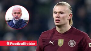 Erling Haaland in away Man City shirt with Pep Guardiola inset