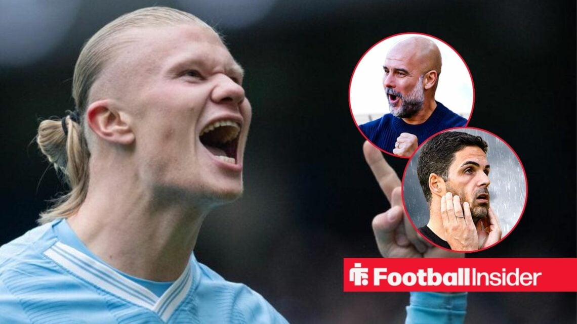Erling Haaland in Man City shirt with Pep Guardiola and Mikel Arteta insets