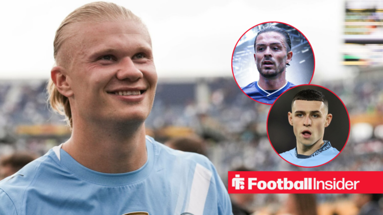 Erling Haaland in Man City home shirt with Phil Foden and Jack Grealish insets