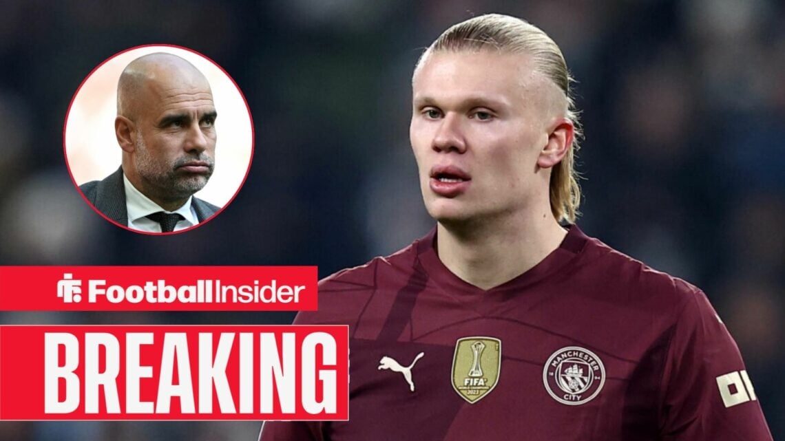Man City's Erling Haaland in action looking at manager Pep Guardiola who looks annoyed left inset