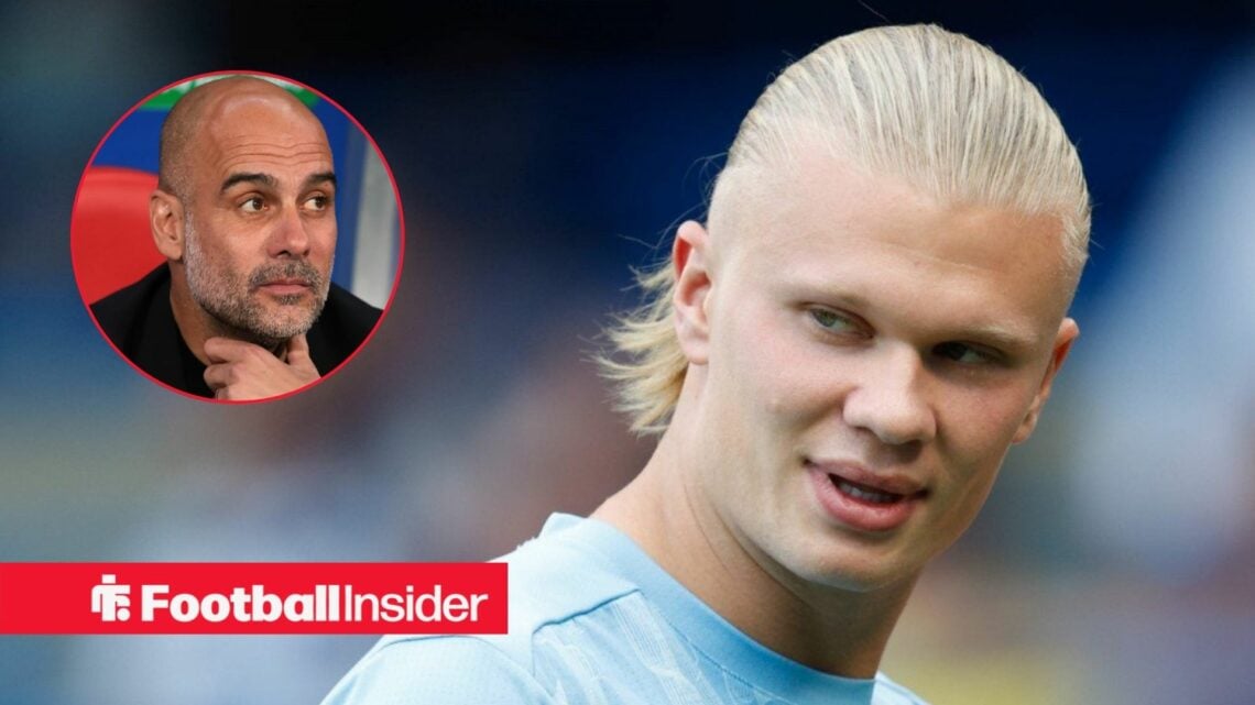Manchester City striker Erling Haaland alongside a circular inset of Manchester City manager Pep Guardiola