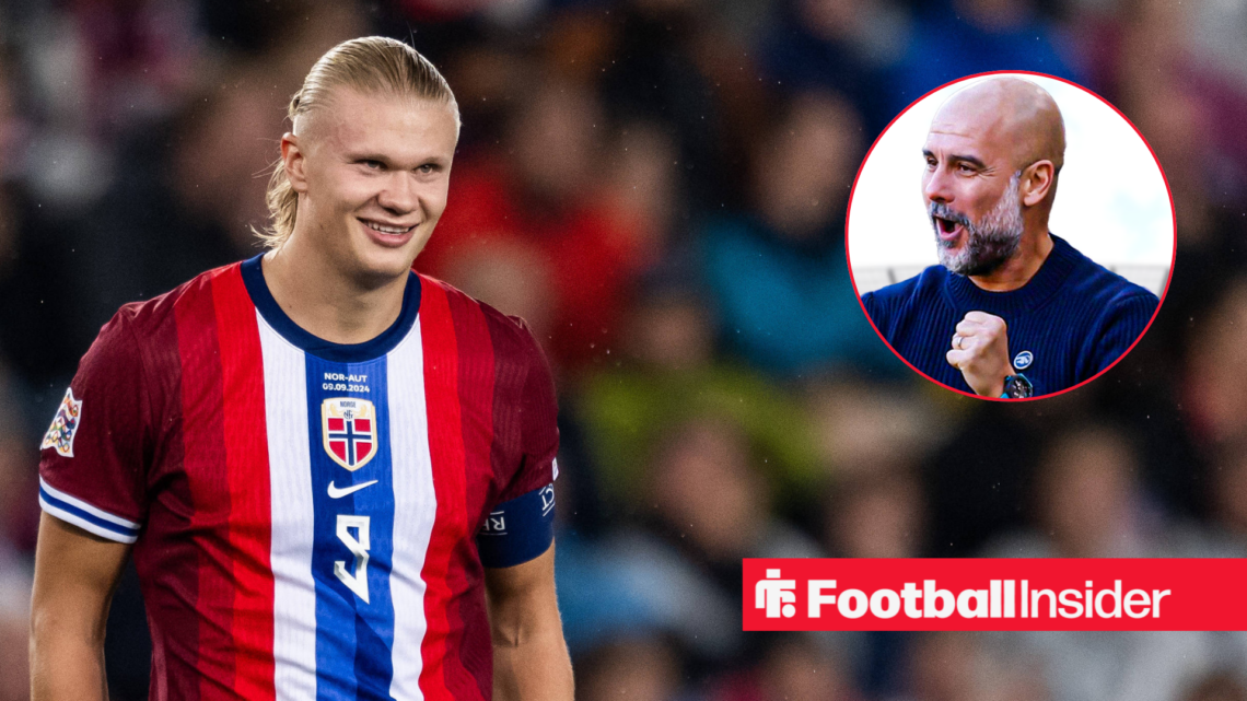 Norway striker Erling Haaland celebrating a goal alongside a circular inset of Pep Guardiola