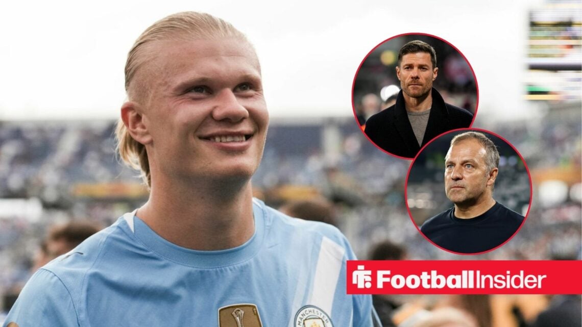 Man City star Erling Haaland in action, with Xabi Alonso and Hansi Flick in circular insets