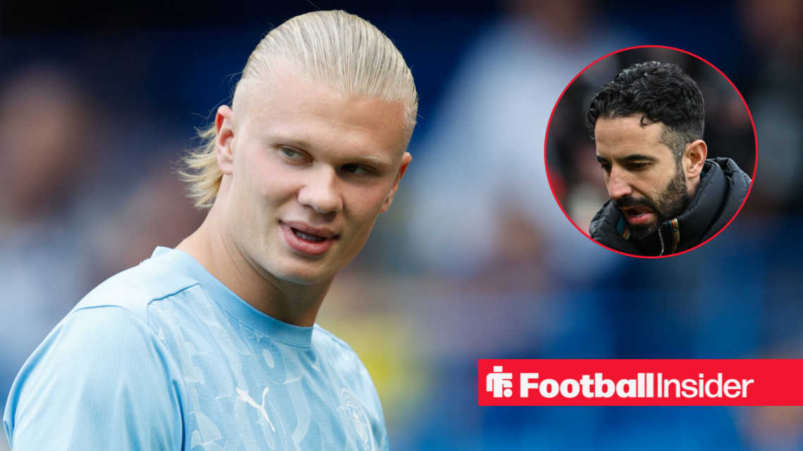 Erling Haaland looking cunning on the left with Ruben Amorim looking sad on the right