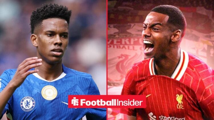 A focused Estevao on the left with a pumped Alexander Isak on the right in front of Anfield