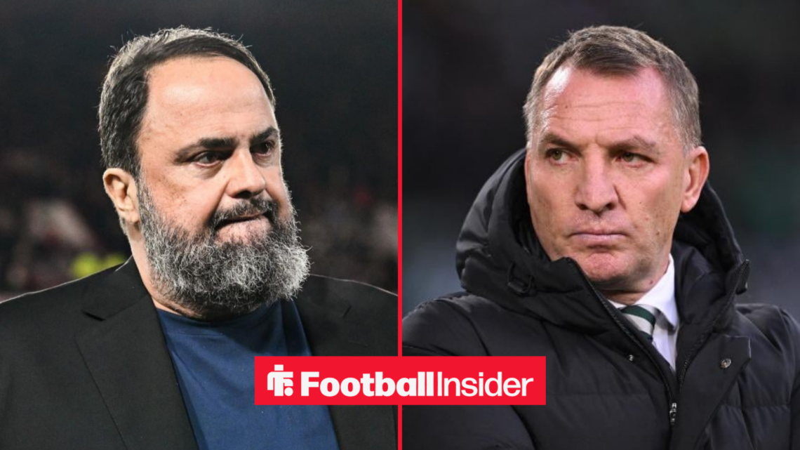 Brendan Rodgers looking stern with Nottingham Forest owner Evangelos Marinakis