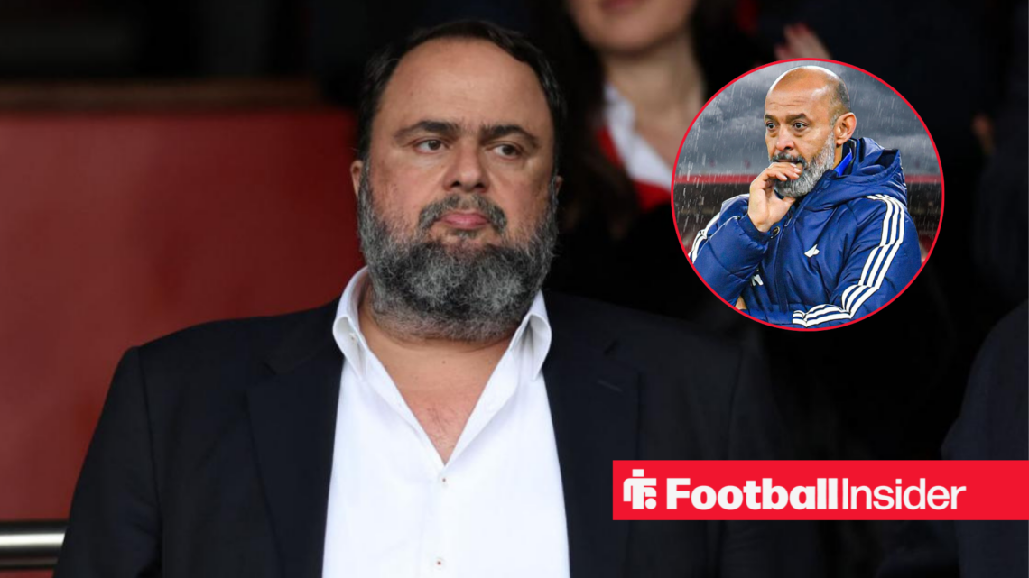 Evangelos Marinakis wearing a suit with Nuno Espirito Santo included in a circular inset