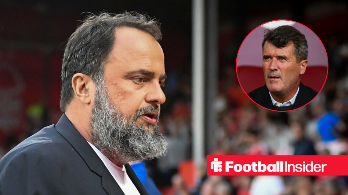 Nottingham Forest owner Evangelos Marinakis alongside an image of Roy Keane