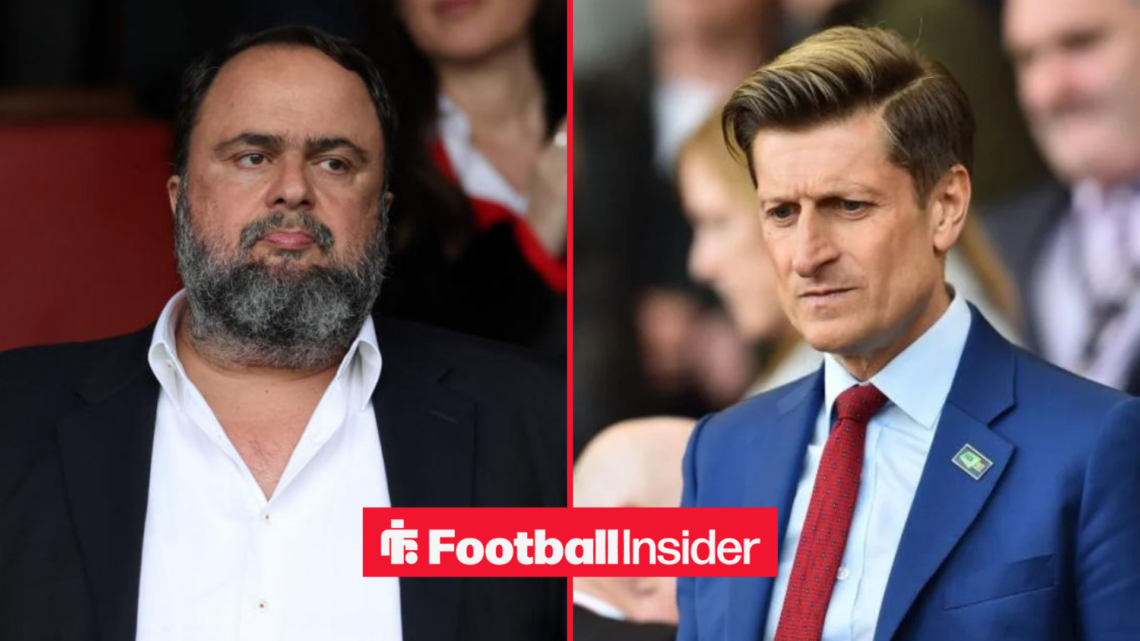 Evangelos Marinakis alongside Steve Parish looking upset