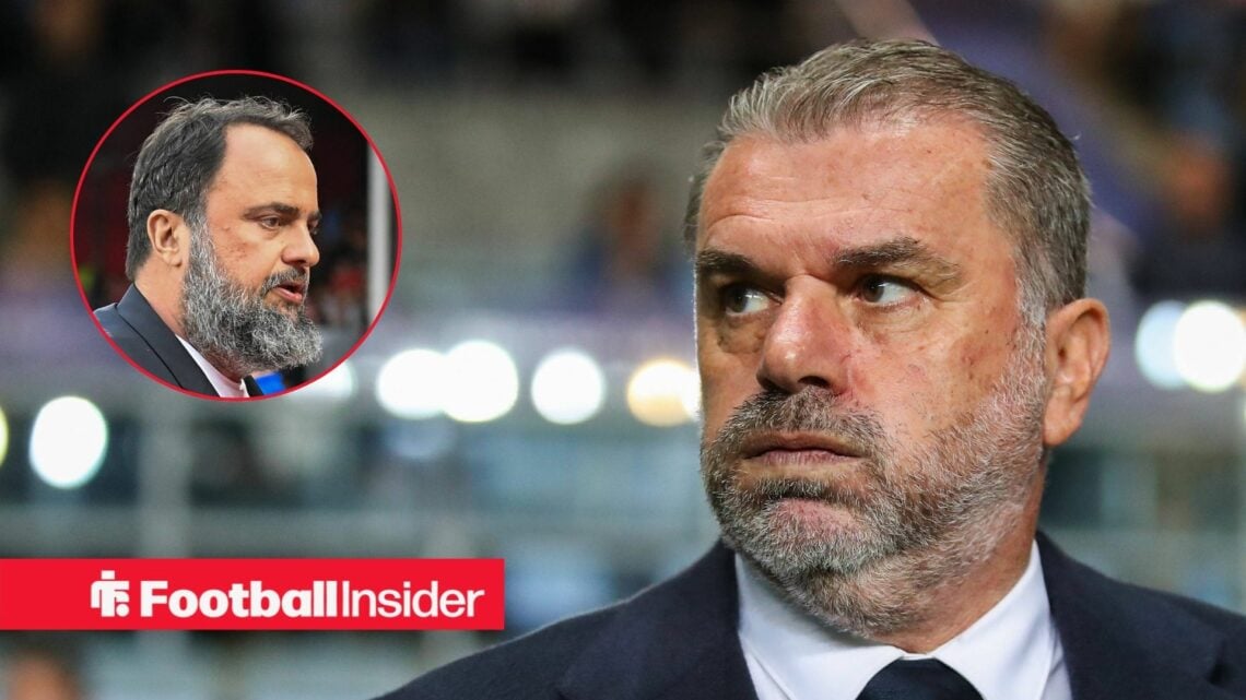 Evangelos Marinakis staring on the left with Ange Postecoglou puffing out his cheeks on the right